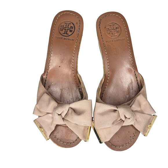 Tory Burch penny Leather Sole cork Wedge Sandals Bow Detail Size 6.5 Light Brown - Picture 4 of 12